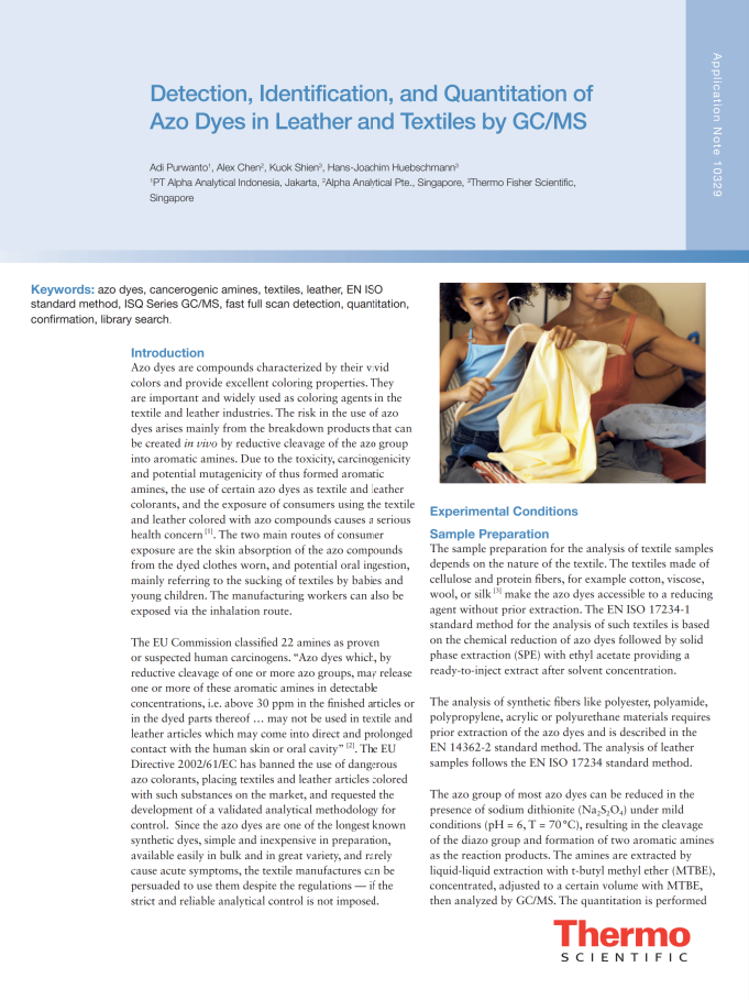 Detection, Identification and Quantitation of Azo Dyes in Leather and Textiles by GC/MS